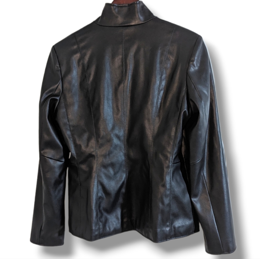Cole Haan | Black Vegan Leather Gold Zipper Timeless Jacket Women's Size M - Picture 4 of 6